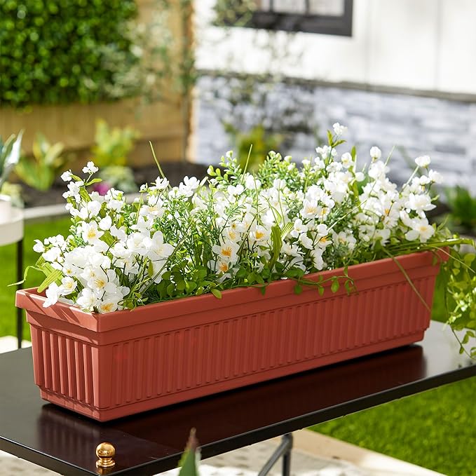HC Companies 30 Inch Long Fluted Venetian Garden Window Container Planter Box for Indoor or Outdoor Flowers, Vegetables, or Succulents, Clay (3 Pack)