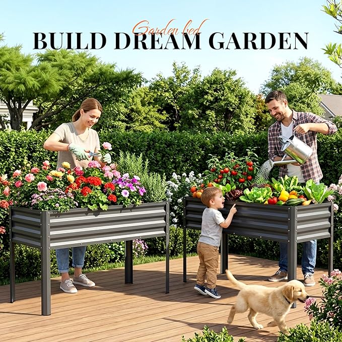 KING BIRD Large Raised Garden Bed with Legs Galvanized Elevated Planter Box 48×24×32 in for Backyard, Patio, Balcony, 400lb Capacity, Dark Grey 2pcs