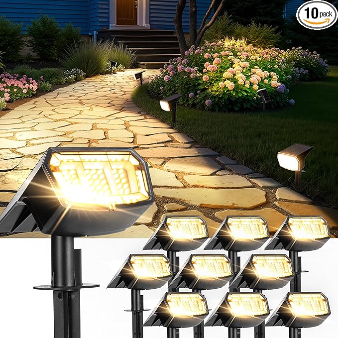 Solar Spot Lights Outdoor IP67 Waterproof 10 Pack, 63 LED 3 Modes Solar Landscape Spotlights for Yard Garden Pathway Wall House Garage (Warm White)