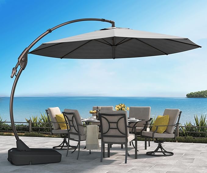 Grand patio 12FT Outdoor Offset Umbrella Large Round Aluminum Cantilever Umbrella with Base for Garden Deck Poolside (Gray, 12 FT)