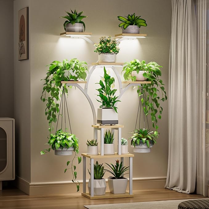 Elbourn Plant Stand Indoor with Grow Lights - 60" Tall Metal Plant Shelf for Multiple Plants, 8 Tiered Corner Plant Stands for Indoor Plants, X - Shaped Decorative Rack for Home, Living Room & Patio Decor (White)