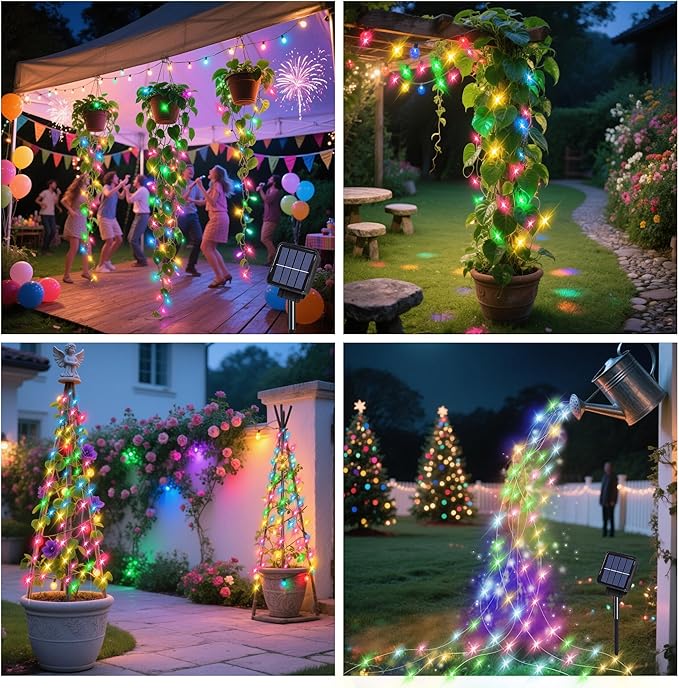 ZNYCYE Solar Waterfall Fairy Bunch Lights Outdoor Waterproof 200LEDs 8 Modes Watering Can Light, Multi-Colored Solar Powered String Lights Firefly Vine Christmas Tree Garden Decorations Gifts for Mom