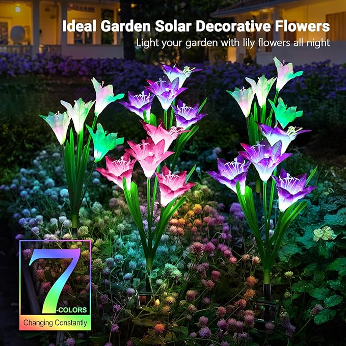 WdtPro Solar Outdoor Lights Garden Decorative 10 Pack, Waterproof Solar Garden Lights with 40 Lily Flowers, Multi-Color Changing Outdoor Solar Lights for Yard Outside Decorations