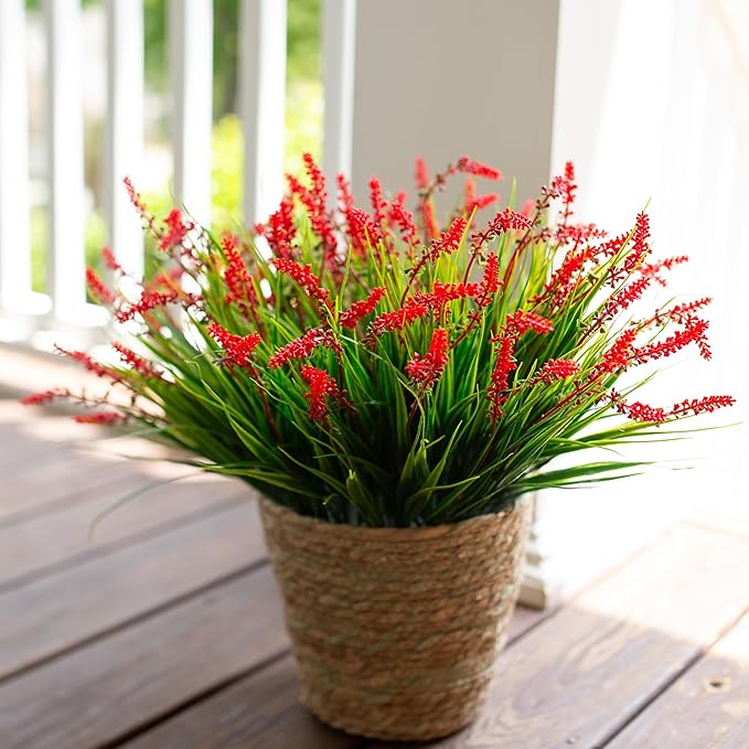 HyeFlora Artificial Fake Flowers Outdoor Plants for Summer Decoration,10 Bundles Faux Plastic Tall Monkey Grass Greenery UV Resistant Realistic Lavender for Home Planter Window Porch Garden-Red