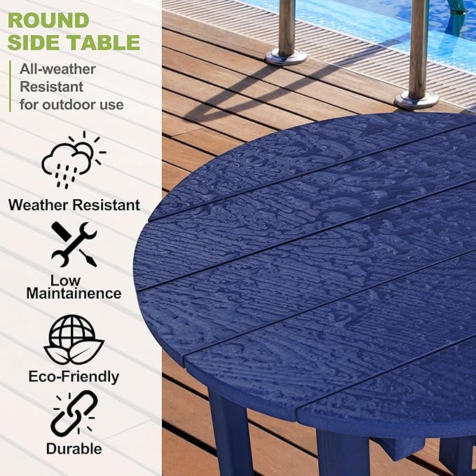 Y&M Outdoor Side Table, Waterproof Four-Legged Round Entryway End Table, Single-Tier HDPE Modern Small Coffee Nightstand for Bedroom, Living Room, Patio, Indoor or Outdoor Use, Navy Blue