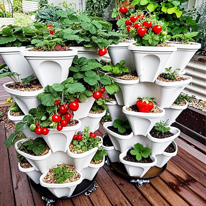 Strawberry Planters, 3 Tiered Vertical Stackable Planter, Herb Stacking Tower Garden, Flower Vegetable Planters with Support Pole, Indoor & Outdoor with Removable Wheels - White