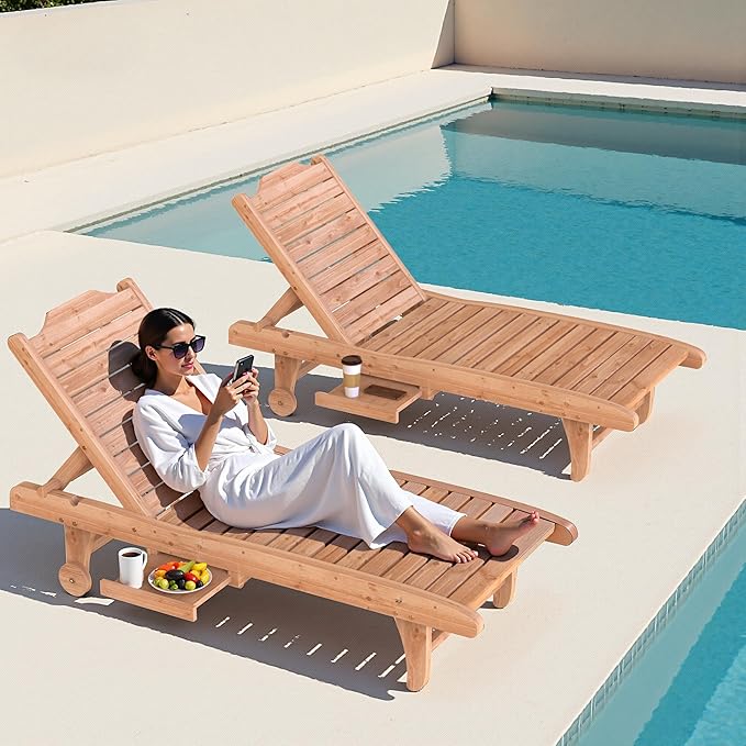 Wooden Chaise Lounge Chair, 3-Position Adjustable Outdoor Tanning Chair with Hidden Side Tray & Wheels, Poolside Patio Sun Chair