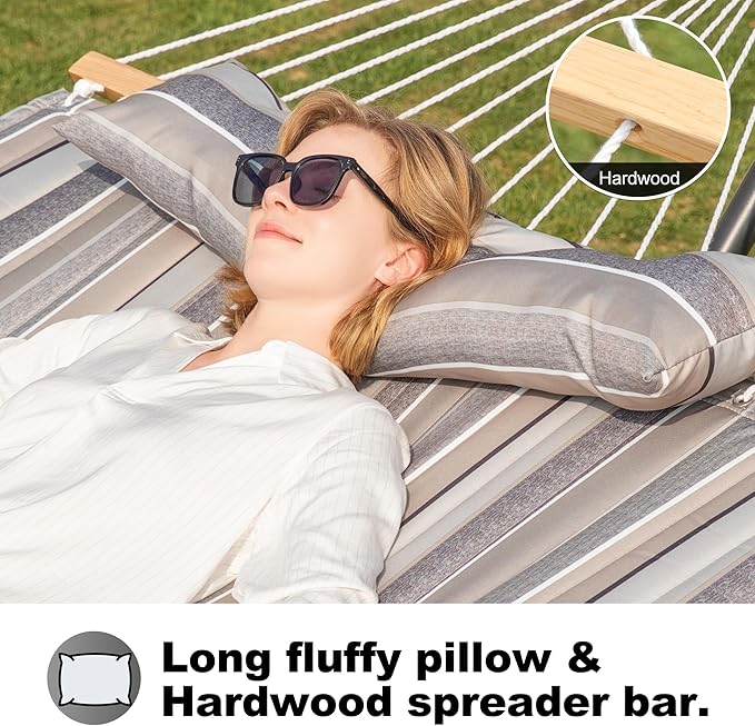 2 Person Hammocks for Outside, Double Quilted Fabric Outdoor Hammock with Spreader Bar, Large Removable Pillow, Storage Pockets, Carabiners, Max 475 lbs Capacity (Peace Dove Grey)