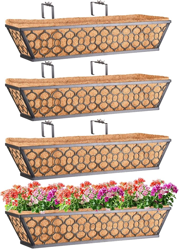 Riare 4 Pack 24 Inch Window Boxes Planters with Coco Liner, Metal Deck Railing Planter Boxes, Balcony Planters Railing Hanging, Horse Trough Window Flower Planter Boxes for Outdoor Porch Fence Patio
