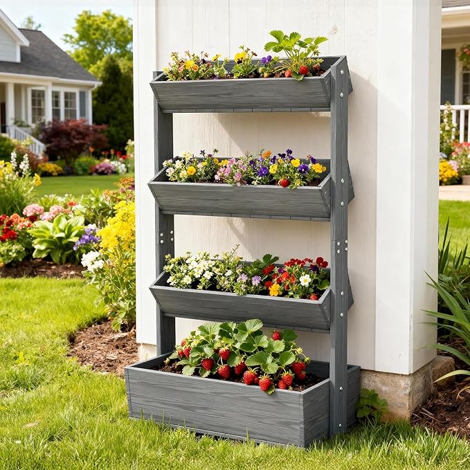 SUNYRISY 4 Tiers Vertical Raised Garden Bed Outdoor Planter Tower, Wooden Freestanding Planter Box for Planting Herbs Flowers Vegetables Patio Balcony Indoor Outdoor Gardening, Grey