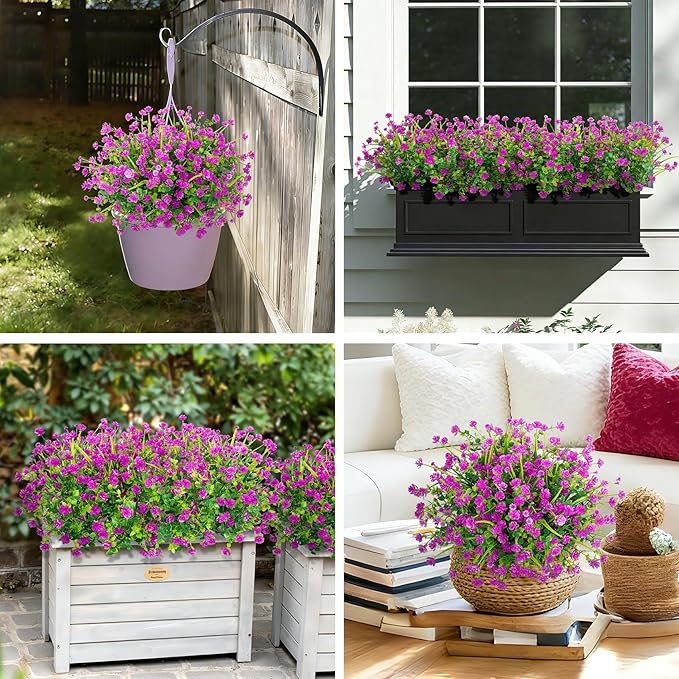 20 Bundles Artificial Flowers for Outdoors Fake Plastic Flowers UV Resistant Realistic Faux Plants Shrubs for Spring Summer Garden Porch Yard Patio Planter Window Box Home Decor, Fuchsia