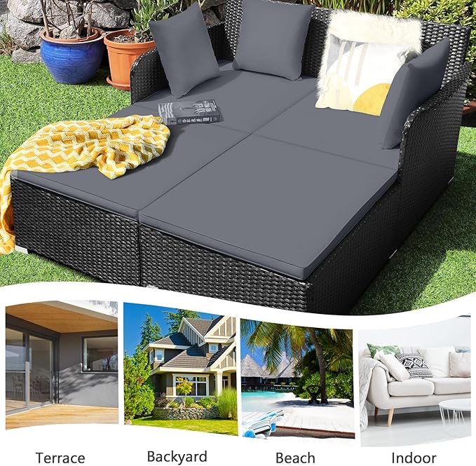 Tangkula Outdoor Rattan Daybed, Wicker Furniture with Spacious Seat, Upholstered Cushion & High-Resilience Sponge, Patio Sofa Set with 4 Pillows, 2-Person Sunbed for Poolside Backyard Garden & Balcony