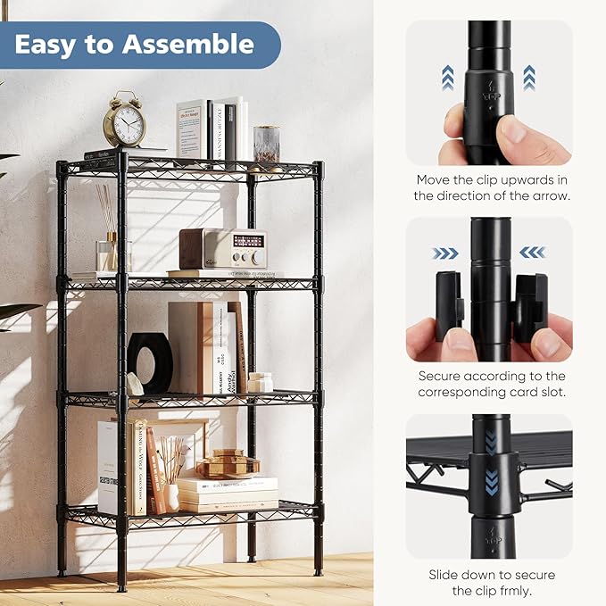 DUMOS 4-Tier Metal Wire Storage Shelves, Adjustable Standing Storage Rack Shelf, Heavy Duty Steel Shelving Unit Organizers for Kitchen Bathroom Pantry Garage, 23.3" W×13.4" D×47" H, Black