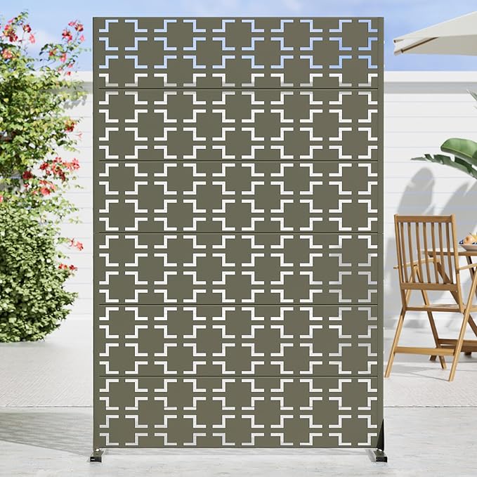 Casaphoria Metal Privacy Screen Outdoor, 72" H x 47" W Freestanding Decorative Privacy Screen for Patio Deck Balcony Garden with Stable Base, Grey-Square