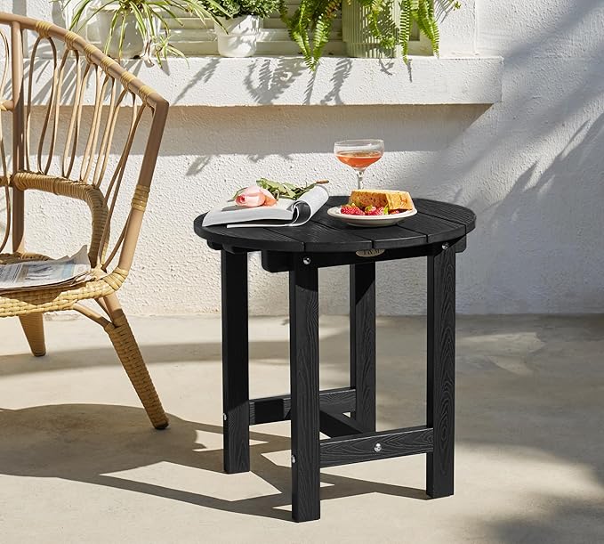 Y&M Outdoor Side Table, Waterproof Four-Legged Round Entryway End Table, Single-Tier HDPE Modern Small Coffee Nightstand for Bedroom, Living Room, Patio, Indoor or Outdoor Use, Black