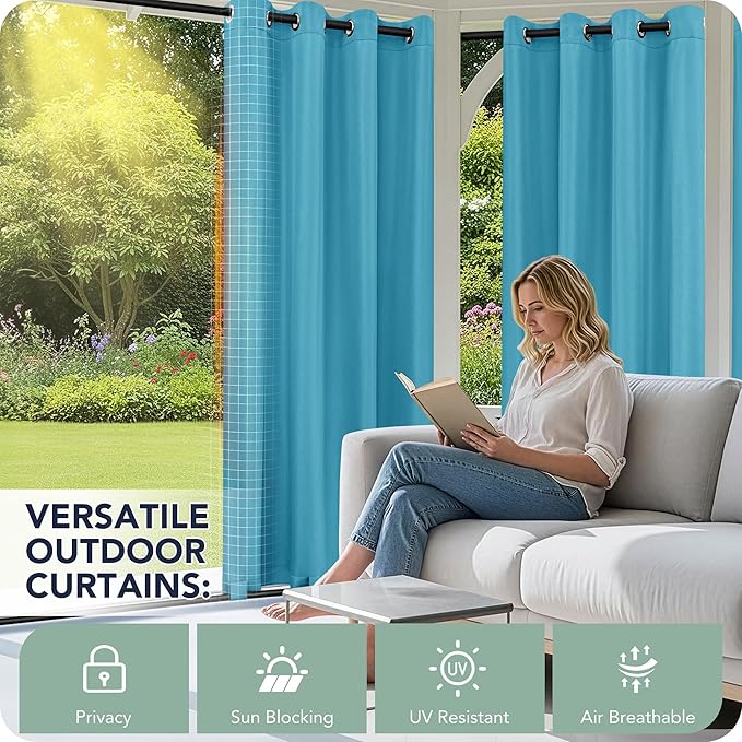 Outdoor Curtains for Patio Waterproof 6 Panels - Windproof, Privacy, Weatherproof Outside Drapes for Gazebo Pergola Porch, Grommet Top and Tab Bottom, 54x95 Inch, Teal