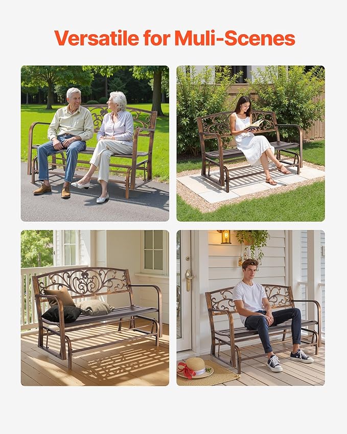 VEVOR Outdoor Bench, 50 inch, Carbon Steel Metal Frame with Cast Iron Backrest and Round Edge Armrests, Weatherproof Outside Glider Bench for Patio, Garden, Park, Yard, Front Porch, Antique Bronze