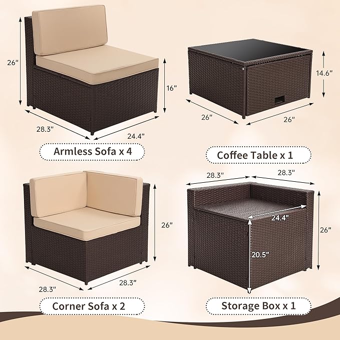 8-Piece Patio Furniture Set, Outdoor Wicker Rattan Sectional with Thick Cushions, Glass Top Table with Hidden Storage, Outdoor Conversation Set for Backyard, Porch, Patio, Beige