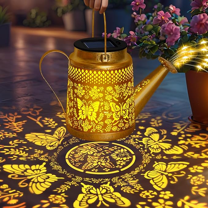 Solar Watering Can Lights Outdoor Garden Decor, Large Butterfly Hanging Lantern with Shepherd Hook, Waterproof Garden Lights for Outdoor Landscape Pathway Yard, Gift for Mom Grandma Christmas Gifts