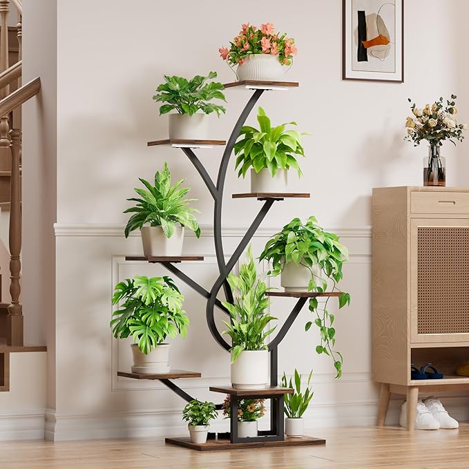 Plant Stand Indoor with Grow Lights - 8 Tiered Corner Plant Shelf Indoor, 50" Tall Lighted Plant Stand for Indoor Multiple Plants, Flower Stands Display Rack Holder for House, Patio, Black