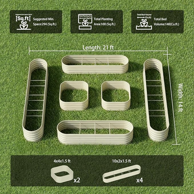 6-Pack 18” Tall Galvanized Raised Garden Beds – New Home Garden Layout, Fits 300 Sq Ft Backyard, 10x2x1.5 & 4x4x1.5 ft Metal Planter Raised Beds Set for Vegetable, Herb & Flower - Moss Green