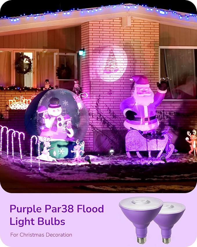 EDISHINE Christmas Decorations PAR38 Purple LED Flood Light Bulbs Outdoor, Dimmable LED Light Bulb, 18W(120W Equivalent), Outdoor Weatherproof Light Bulb for Christmas, E26 Base, 4 Pack