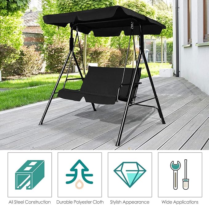Tangkula 2 Person Porch Swing, Outdoor Swing with Removable Cushions, Solid Steel Structure, Patio Swing with Adjustable Canopy for Porch, Backyard, Garden, Balcony