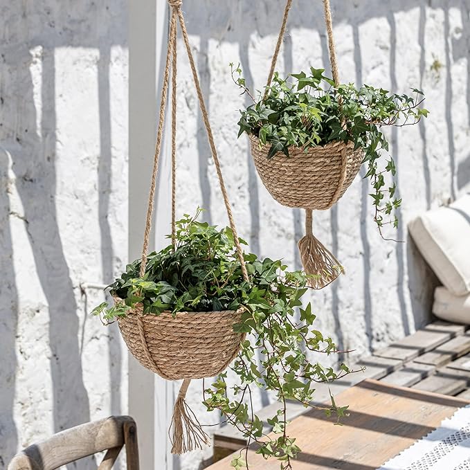 LA JOLIE MUSE Natural Seagrass Hanging Planter Basket Set,Indoor Plant Pots, Boho Decor Plant Pot Cover, 9 (D)*5.5(H) Inch, Pack 2