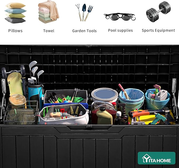 YITAHOME 100 Gallon Resin Deck Box, Weather Resistant Outdoor Storage Box, Lockable Indoor Outdoor Storage for Supplies and Essentials, Black