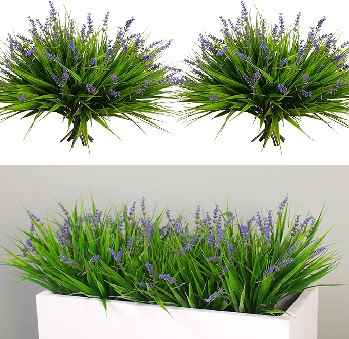 alyptus Artificial Flowers for Outdoors 24 Bundles Fake Monkey Grass Plants Outdoor Plastic Purple Flower Outside Green Leaf Decoration for Patio Pot Décor (24 Bundle Purple Flowers)