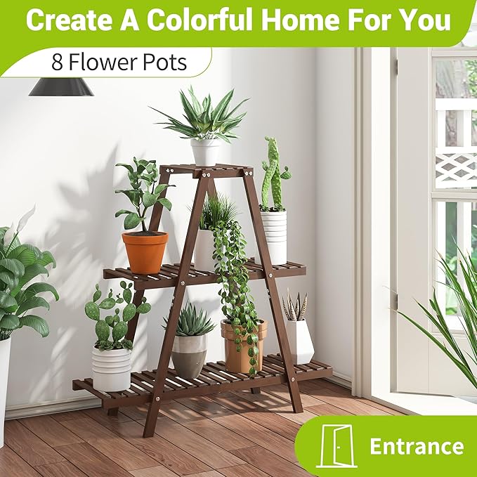 BMOSU Plant Stand Bamboo for Indoor Outdoor Tiered Plant Shelf 8 Potted Flower Holder Ladder Rack Garden Balcony Living Room Patio(3 Tier Brown)