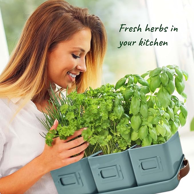 volila Herb Planter Indoor - Set of 3 Teal Blue Indoor Herb Garden Pots for Plants with Leather Handled Tray - Window Sill Plant Shelf - Herb Pots with Drainage Holes and Labels