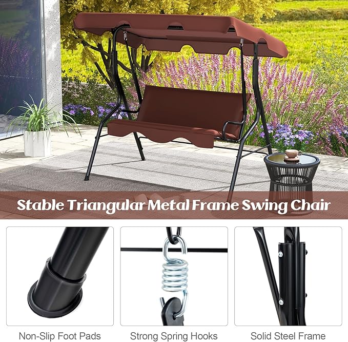Tangkula 3 Person Porch Swing, Patio Swing with Removable Cushion & Powder-Coated Steel Frame, Outdoor Swing with Canopy for Porch, Backyard, Garden, Balcony (Coffee)