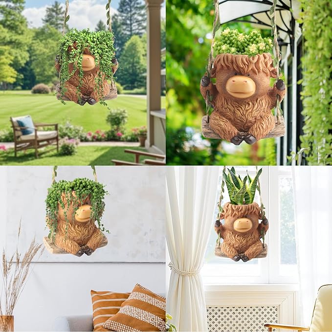 Swing Highland Cow Hanging Planters for Indoor Plants, Cute Small Planter Pot for Indoor Outdoor Plants, Succulent Pots with Drainage Hole, Unique Funny Hanging Plant Flower Pot, Gift Ideas