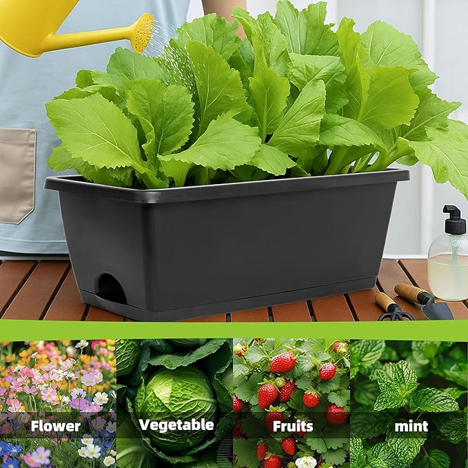 Window Box Planter, 12 Pack Plastic Vegetable Flower Planters Boxes 17 Inches Rectangular Flower Pots with Saucers for Indoor Outdoor Garden, Patio, Home Decor (Brick RED) (Dark Grey)