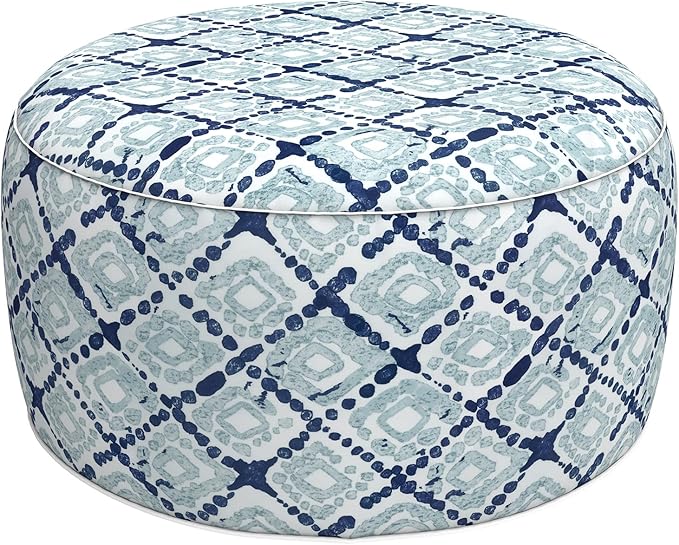 LVTXIII Outdoor Inflatable Ottoman, Fade-Resistant Round Footrest Stool D31”x H14”, Portable Patio Pouf for Garden Camping or Home Use, Boho Geometry Blue