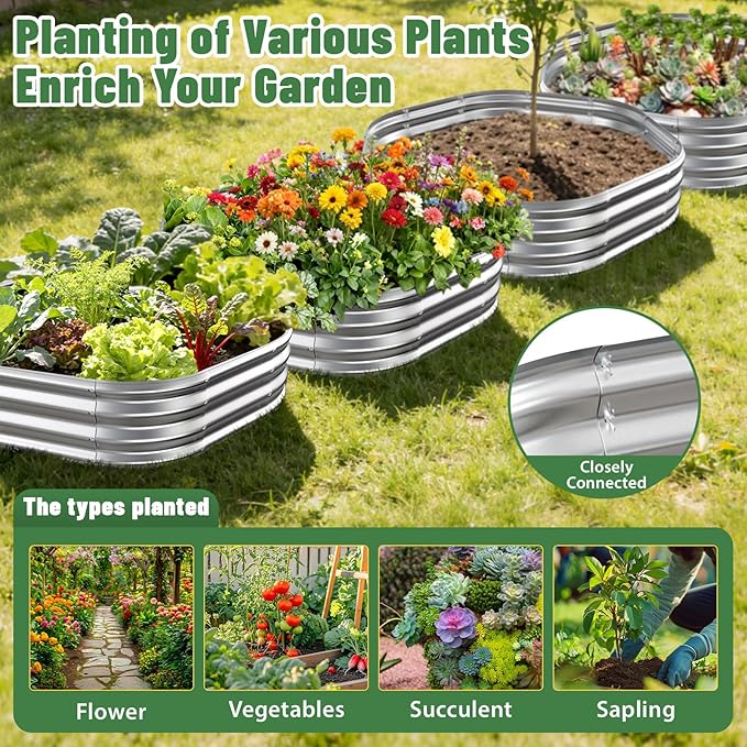 Hexagon Raised Garden Bed, 48 Inch Diagonal & 12 Inch Tall, Galvanized Steel Planter Box with Wave-Shaped Metal Panels for Outdoor Flower,Tree,Herb & Vegetable Garden (Silver, 4FT X 1FT)