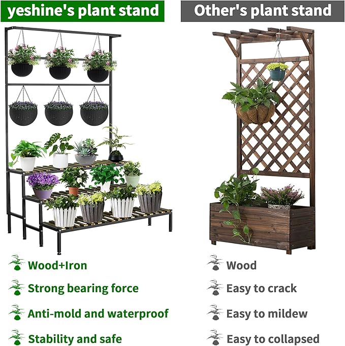 Large Plant Stand Indoor Outdoor, 3 Tier Heavy Duty Hanging Plant Stand with Bar, 60 Inch Tall Metal & Wood Ladder Shape Plant Shelf, Black Plant Display Rack Plant Shelves for Garden Patio Balcony