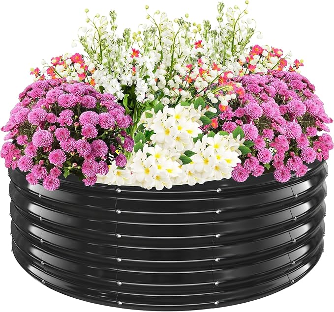 17" Tall Elevated Round Metal Rised Garden Bed- 4'x4' in Size and 0.8MM Thick Durable Planter Box for Vegetables Flowers Succulent at Patio/Garden Outdoor (Black, 4FT Diameter)