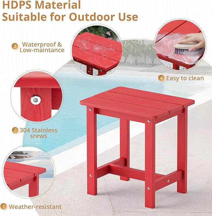 LUE BONA Outdoor Side Table, HDPS Small Outdoor Adirondack Side Tables, Outside End Table for Patio, Porch, Deck, Pool, Weather Resistant/Easy Maintenance, Bright Red
