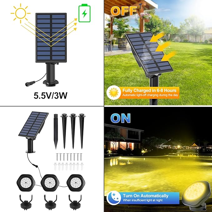 Solar Pond Lights,3000K Warm White LED Underwater Submersible Fountain Light,IP68 Waterproof Landscape Spotlights Lighting for Fish Aquarium Tank Garden Yard Pond Pool Decor(3-in-1)