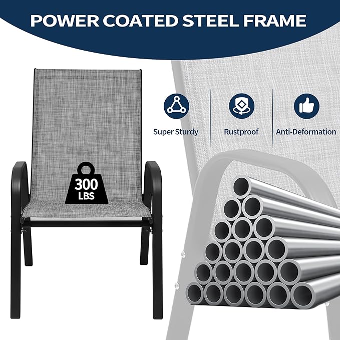 PIZZELLO Patio Chairs Set of 4, Outdoor Stackable Dining Chairs for All Weather, Lightweight Textilene Outdoor Chair Sets with Armrests, 330Lbs Capacity, for Backyard Porch Poolside Garden (Grey)