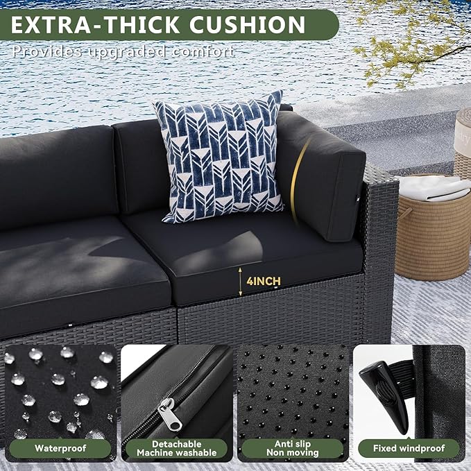 Aoxun 7 Piece Patio Furniture Set, Wicker Rattan Patio Sectional Sofa, Outdoor Furniture Set with Thickened Cushion, Black