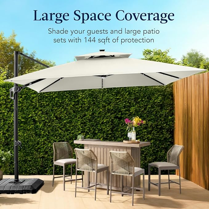 Best Choice Products 12x12ft LED Cantilever Patio Umbrella w/Base Included & 360° Rotation, Large Solar Offset Hanging Outdoor Sun Shade for Deck, Backyard Table w/Stand & Lights – Ivory