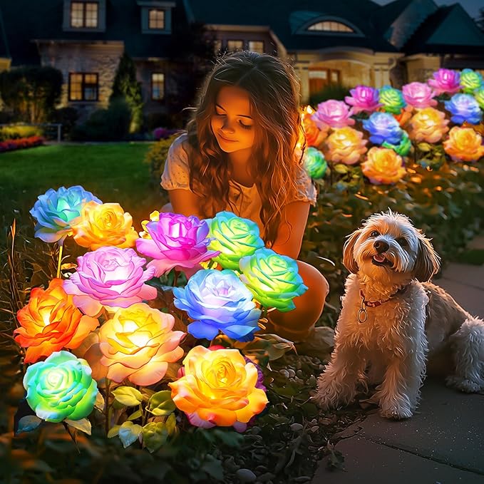 Solar Rose Lights Outdoor: 10 Pack IP65 Waterproof 7-Color Changing LED Flower Stakes for Garden Pathway Patio Lawn Decorative - Auto On Off 10H+ Lighting