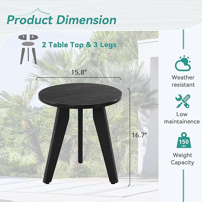 HDPS Outdoor Side Table, Small Round Side Table Weather-Resistant, Outdoor Side Tables for Patio, Porch, Deck, End Table for Plant Stand, Living Room, Bedroom, Black