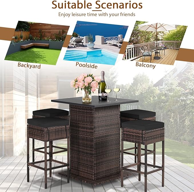 Tangkula 5 Piece Outdoor Rattan Bar Set, Patio Bar Furniture with 4 Cushions Stools and Smooth Top Table with Hidden Storage Shelf, Outdoor Conversation Set for Poolside, Backyard, Lawn