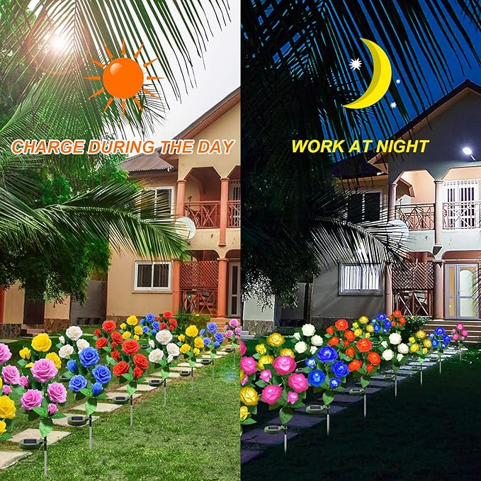 Solar Flower Lights Outdoor - Upgraded Two Modes Realistic LED Solar Powered Waterproof Roses, Decorative Stake for Garden (Orange, 1 Pack)