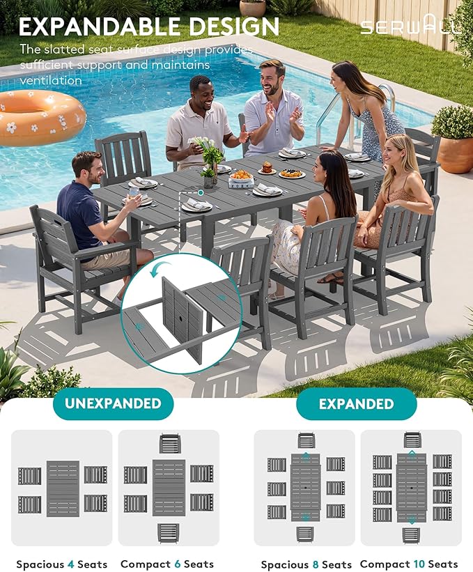 SERWALL 11-Piece Outdoor Dining Set, 60" - 83" Expandable Outdoor Dining Table and 10 HDPE Chairs, All Weather HDPE Outdoor Furniture Set for Backyard, Garden, Grey
