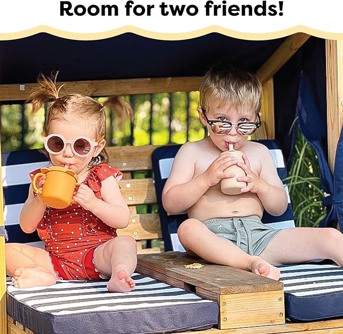 KidKraft Wooden Outdoor Double Chaise Lounge with Cup Holders, Kid's Patio Furniture, Honey with Navy and White Striped Fabric, Gift for Ages 3-8